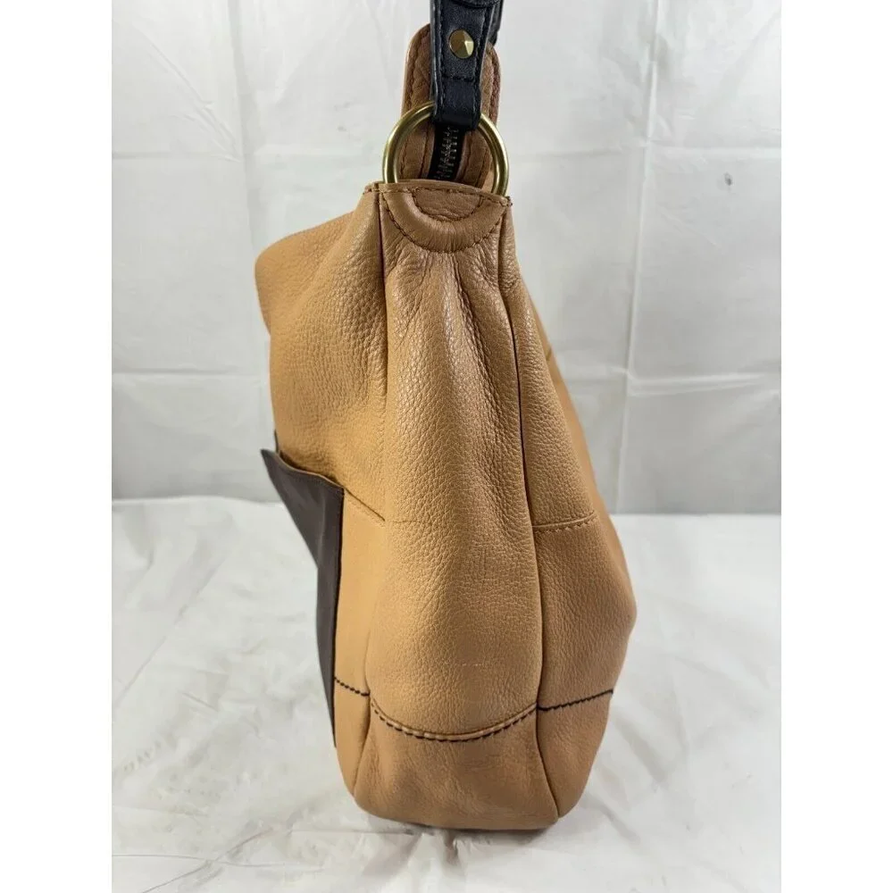 Oryany Adele Colorblock Tan & Brown Pebbled Leather Hobo Shoulder Handbag